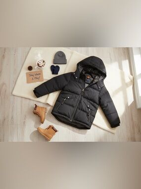 GAP Kids Black Down Insulated Puffer Jacket Hooded 3/4 Length‎ Sz L (10) Lined